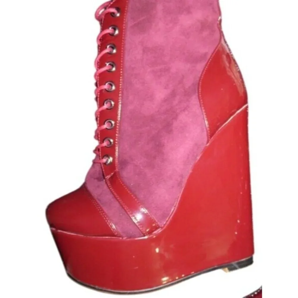 Dolls Kill Suede & Patent Leather Platform Boot Wedges Pink & Red NWT size 7 37